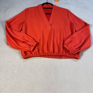 Ann Taylor Women’s Orange Red V-neck Long Sleeve Top w/elastic cuffs & waist, XS